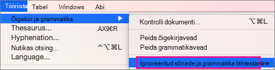 Ignoreeritavate sõnade ja Word grammatikaloendite kustutamiseks klõpsake nuppu Lähtesta ignoreeritud sõnad ja grammatika.