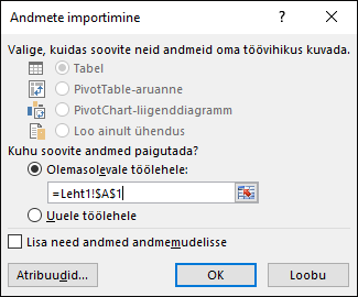 Andmete importimise dialoogiboksis valige andmete paigutamine olemasolevale töölehele, vaikesäte või andmete paigutamine uuele töölehele