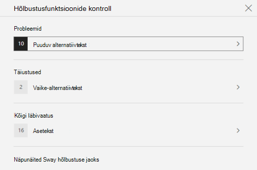 Hõlbustuskontrolli paan, kus on kuvatud Sway asetekstiga seotud probleemid.