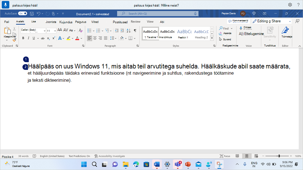 Word dokument, kus on kuvatud häälpääsu käsk Paks.