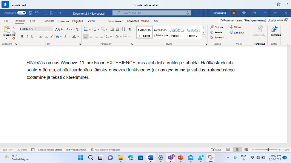 Word dokument, kus on kuvatud hääljuurdepääsu käsk Suurtähed.