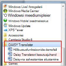 Menüü Start, kus on kuvatud installitud Daisy-failid