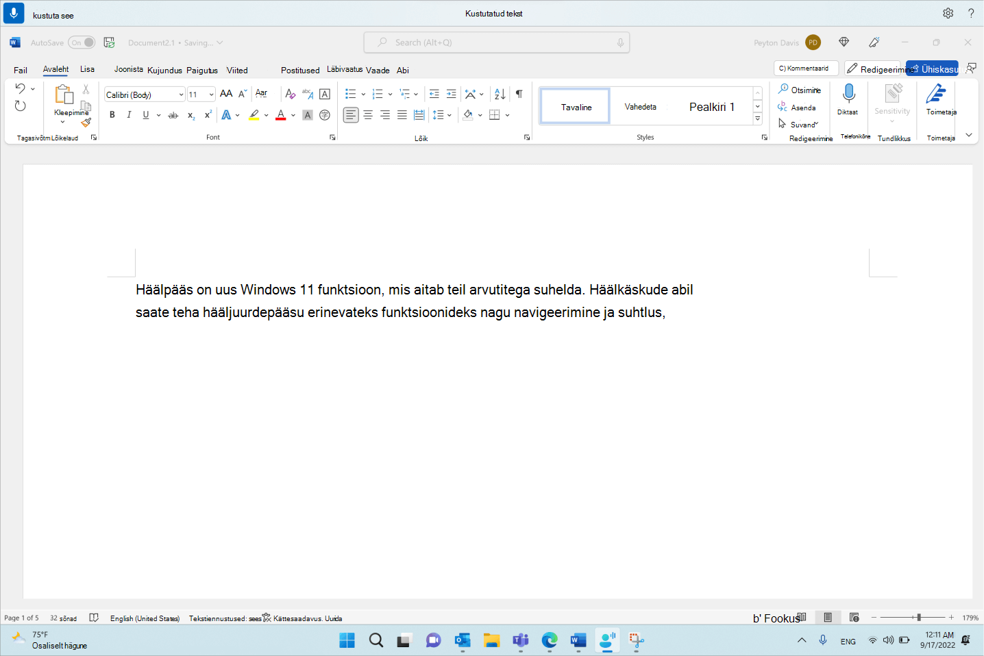 Word dokument, kus on kuvatud hääljuurdepääsu käsk Kustuta see.