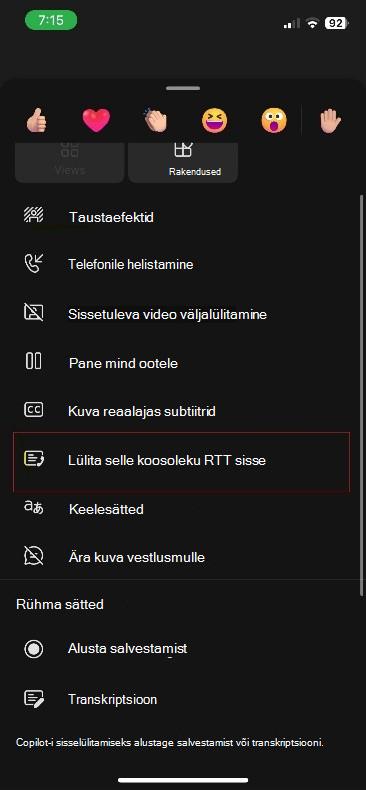 Rohkem toiminguid Teamsi koosoleku jaoks iOS-is.