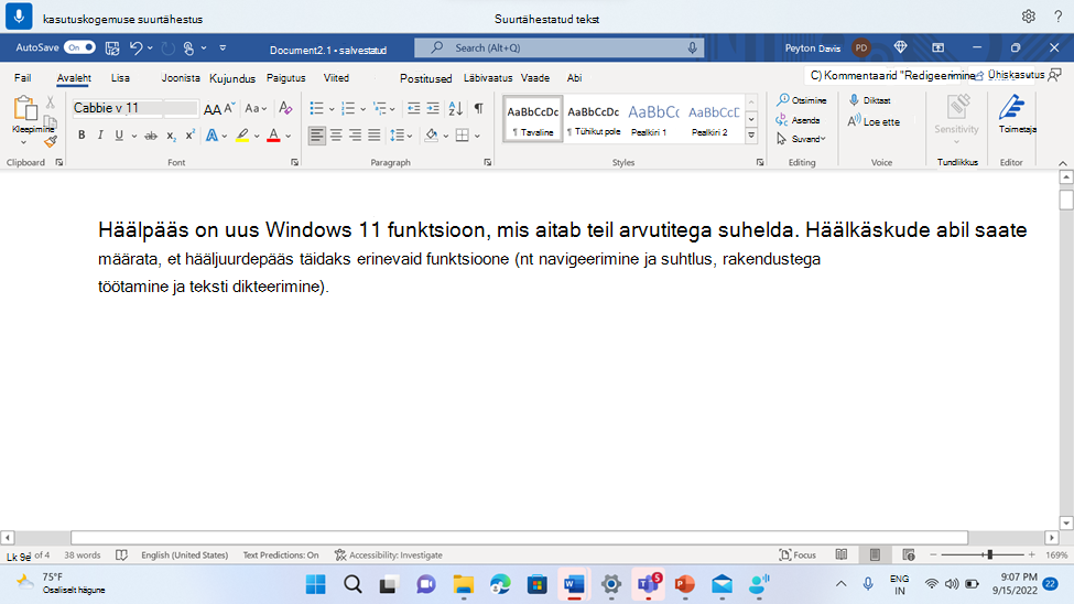 Word dokument, kus on kuvatud hääljuurdepääsu käsk Suurtähesta.