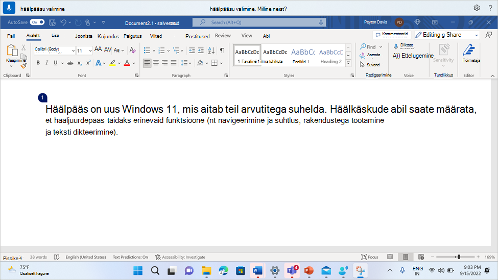 Word dokument, kus on kuvatud häälpääs, milles palutakse kasutajal valida üks paljudest esinemiskordadest.