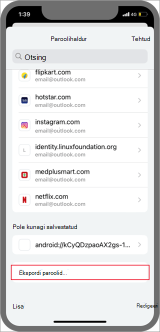 Android Chrome'i paroolide eksportimise asukoht