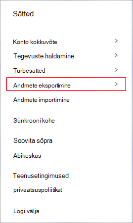 Dashlane'i sätete menüü, kus on esile tõstetud käsk Ekspordi andmed.
