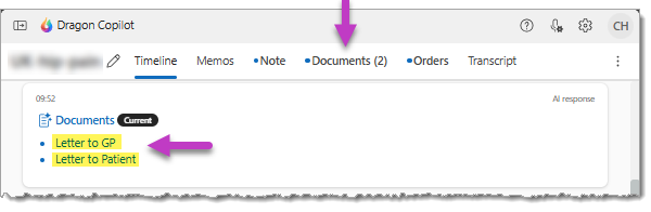 Image highlighting the Documents tab and the links in the Documents card in the Timeline tab.