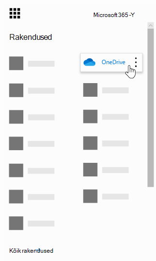 Office 365 rakendusekäiviti koos esiletõstetud OneDrive’i rakendusega