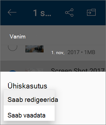 Kuvatõmmis ühiskasutuse õiguse muutmisest Androidi jaoks mõeldud OneDrive'i rakenduses
