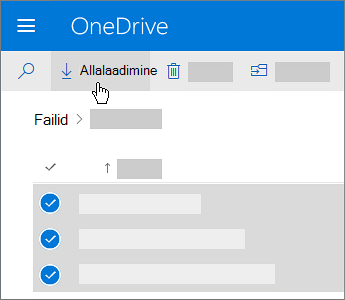 OneDrive’i failide valimise ja allalaadimise kuvatõmmis.
