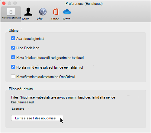 Kuvatõmmis OneDrive'i Files nõudmisel Maci eelistustest