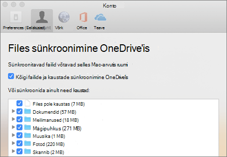 Kaustade sünkroonimise dialoogiboks OneDrive’is Maci versioonis