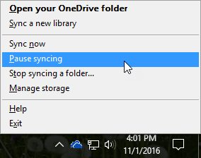 Kuvatõmmis eelmisest OneDrive for Businessi menüüst, kus on valitud käsk „Peata sünkroonimine“.