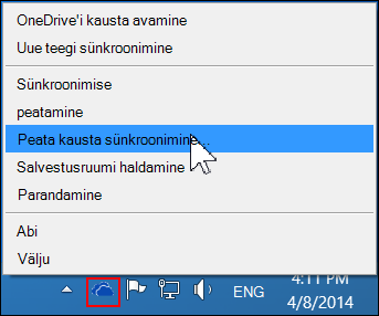 Käsk Peata kausta sünkroonimine OneDrive for Businessi menüüs