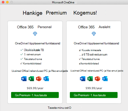 Kuvatõmmis OneDrive'i dialoogiboksist Esmaklassilise kasutuskogemuse hankimine