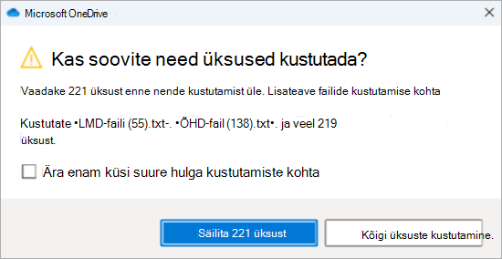 Paljude failide kustutamise OneDrive'i kinnitusviiba kuvatõmmis