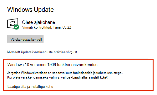 Windows Update, kus on kuvatud funktsioonivärskenduste paigutus