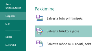 Pakkimissuvandite kuvamiseks klõpsake menüüd Fail ja käsku Ekspordi.