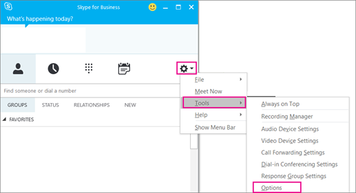 Valige Skype'i ärirakendus ikoon Tööriist ja seejärel Tööriistad > Suvandid