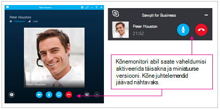 Skype’i ärirakenduse täissuuruses akna ja minimeeritud akna kuvatõmmised