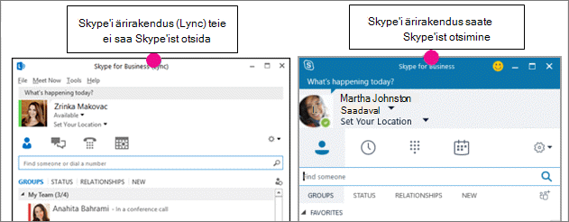 Skype‘i ärirakenduse kontaktilehe ja Skype‘i ärirakenduse (Lync) lehe võrdlus