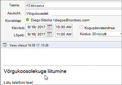 Koosoleku dialoogiboksi kuvatõmmis, kus on kuvatud link Liitu võrgukoosolekuga.
