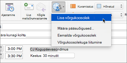 Kuvatõmmis koosolekukutsest, kus lindil on valitud lisa võrgukoosolek.