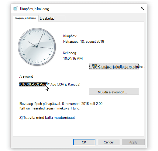 Kuvatõmmis, millel on kujutatud Windows 10 menüü Kuupäev ja kellaaeg.
