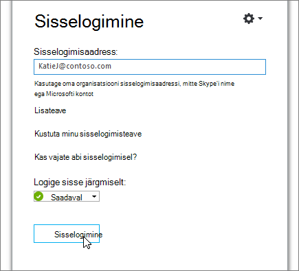 Kuvatõmmis, millel on kujutatud Skype'i ärirakendus sisselogimiskuval olev nupp Logi sisse.