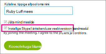 Veenduge, et ruut Installi Skype'i ärirakenduse veebiversiooni lisandmoodul oleks märgitud
