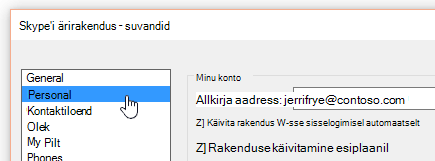 Skype'i ärirakendus aken Suvandid, kus on valitud vahekaart Isiklik.