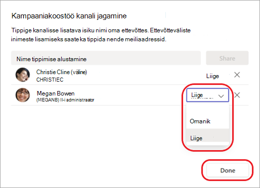Screenshot showing how to change a channel member to a channel owner