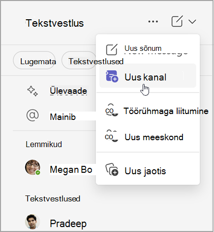 Kuvatõmmis Microsoft Teamsi vestlusest uue sõnumi, uue kanali või uue töörühma loomise suvanditega. Samuti saab ta töörühmaga liituda või luua uue jaotise.