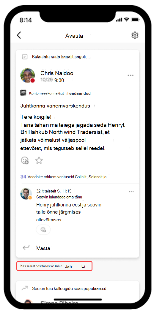 Mobiilsideseadmes avatud Teamsi tuvastuskanali kuvatõmmis