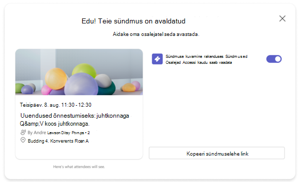 Kuvatõmmis kinnitussõnumist pärast Teamsi sündmuse avaldamist