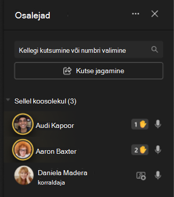 Pilt, millel on kuva vasakus servas osalejad kuvatud kätt tõstevate ikoonidega.