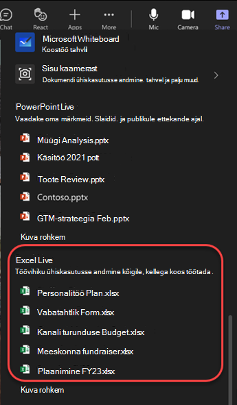 Teamsi koosolekul Exceli failide esiletõstmise ühiskasutussuvandite kuvatõmmis.