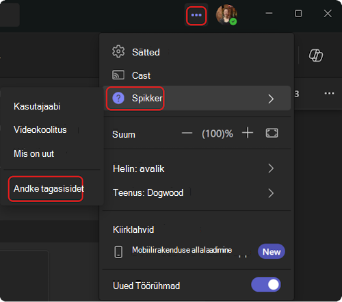 Teamsi spikrimenüü avamine.