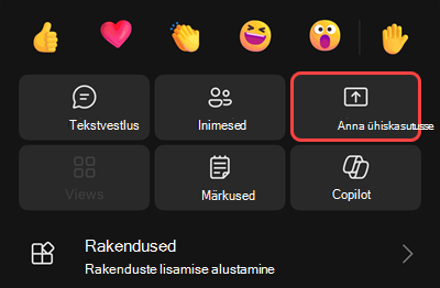 Koosoleku menüü, kus on kuvatud salvestamise alustamise suvandid, ootelepanek, endale helistamine, ühiskasutusse andmine, valimisklahvistiku hankimine või sissetuleva video väljalülitamine.