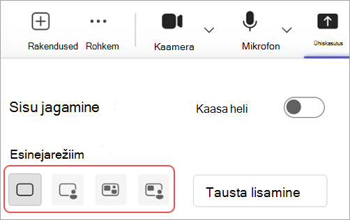 Kuvatõmmis, kus on esile tõstetud Microsoft Teamsi koosoleku juhtelementide erinevad esinejarežiimid.