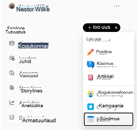 Vasakpoolse navigeerimisriba Engage pakub menüüd Loo uus.