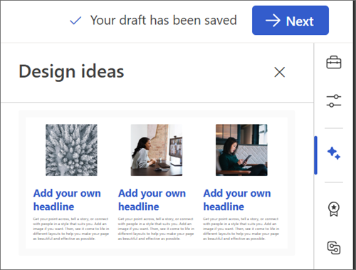 Screenshot of the Design ideas icon selected.