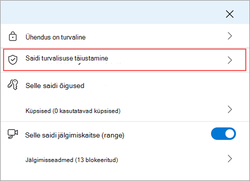 Microsoft Edge'i saiditeabe menüü, kus on kuvatud selle saidi turvalisuse täiustamise funktsioon.