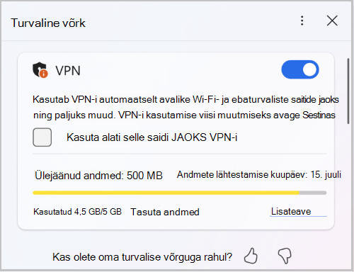 Kuvatõmmis Edge'i turvalise võrgu andmemahu piirangust
