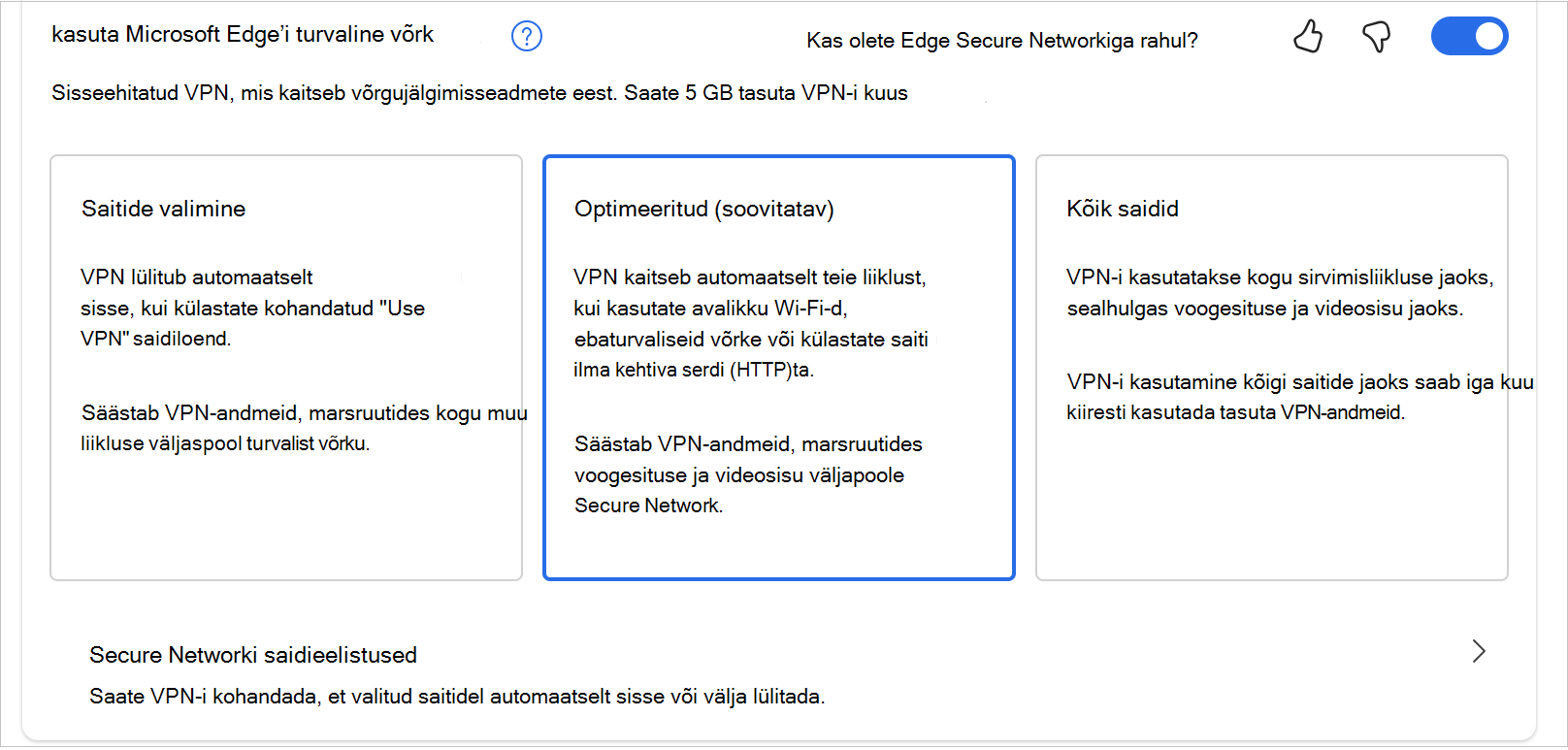 MicrosoftEdgeSecureNetwroki suvandite kuvatõmmis