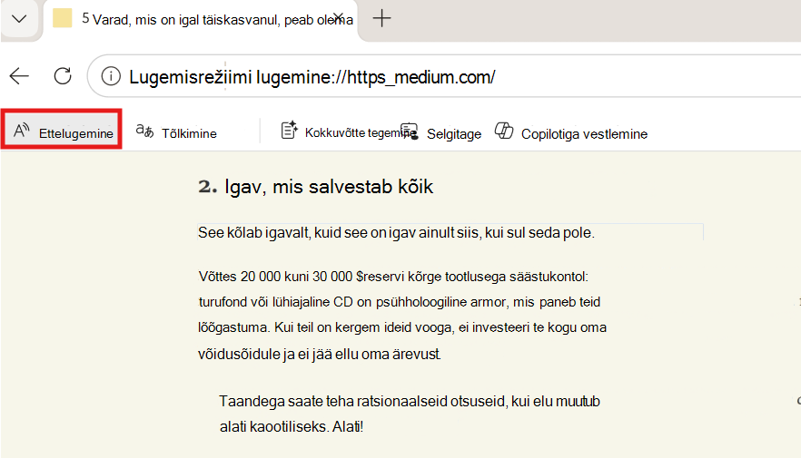 Ettelugemise kuvatõmmis.