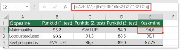 Massiivifunktsiooni kasutamine funktsioonis AVERAGE vea #VALUE! parandamiseks