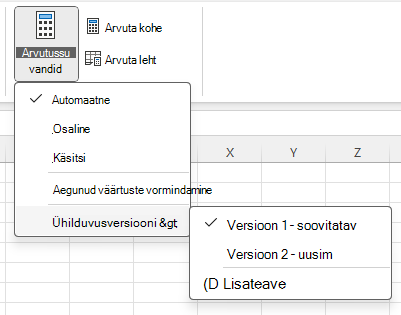 Ühilduvusversiooni muutmise menüü: Valemiarvutussuvandite >> ühilduvusversioonid